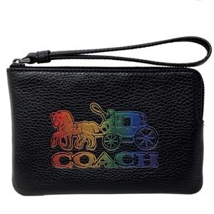 🌈 COACH Black Pebbled Leather Rainbow Carriage Corner Zip Wristlet NWT!